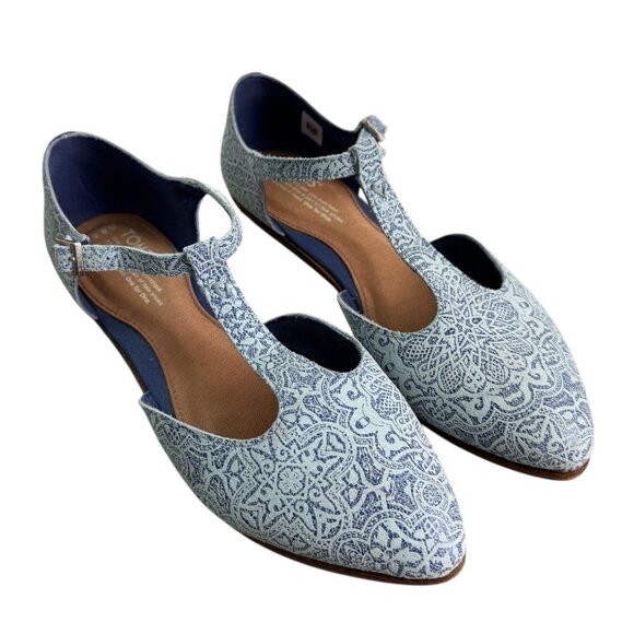 TOMS Jutti T-Strap Flats Blue Tiles Mosaic Tapestry Pattern Comfort Shoes 8.5W - Picture 2 of 11